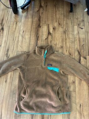 Women’s sz xl Patagonia Brown Fleece Zip Pullover with Teal Accents